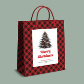 Chic red black plaid tree gift bag editable name medium cadeauzakje
