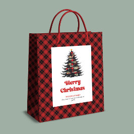 Chic red black plaid tree gift bag editable name medium cadeauzakje