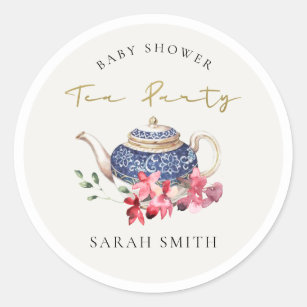 Chic Red Blue Floral Teapot Baby shower Tea Party Ronde Sticker