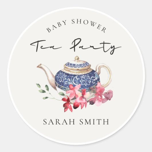 Chic Red Blue Floral Teapot Baby shower Tea Party Ronde Sticker (Voorkant)