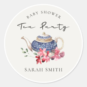 Chic Red Blue Floral Teapot Baby shower Tea Party Ronde Sticker