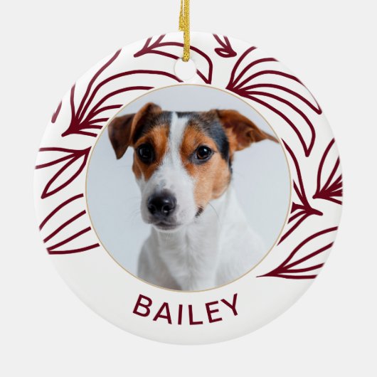 Chic Red Botanical Dog Foto en naam Kerstmis Keramisch Ornament (Achterkant)