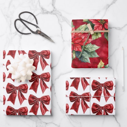 Chic Red Bow Floral Christmas Inpakpapier Vel (Voorkant)