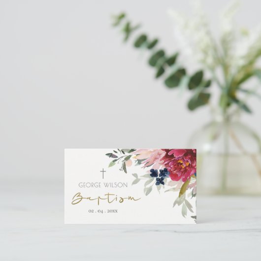 Chic Red Burgundy Blush Blue Gold Floral Baptisme Plaatskaartje (Staand voorkant)