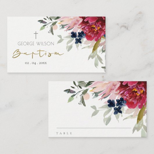 Chic Red Burgundy Blush Blue Gold Floral Baptisme Plaatskaartje (Voorkant / Achterkant)