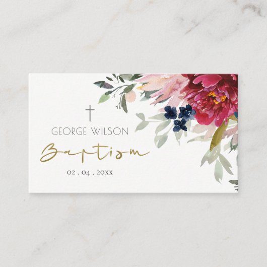 Chic Red Burgundy Blush Blue Gold Floral Baptisme Plaatskaartje (Voorkant)