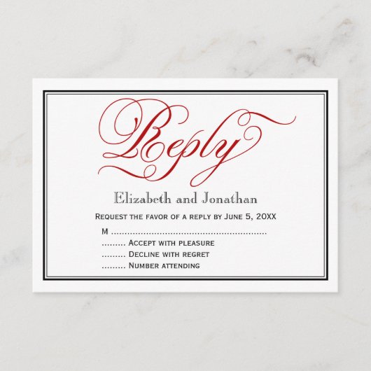 Chic Red Calligraphy Script Wedding Reply Kaart (Voorkant)