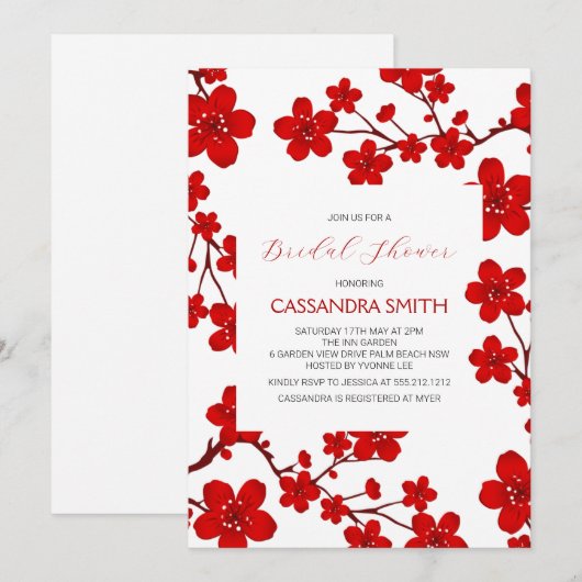 Chic Red Cherry Blossom Botanische Bruids Brunch Kaart (Voorkant / Achterkant)