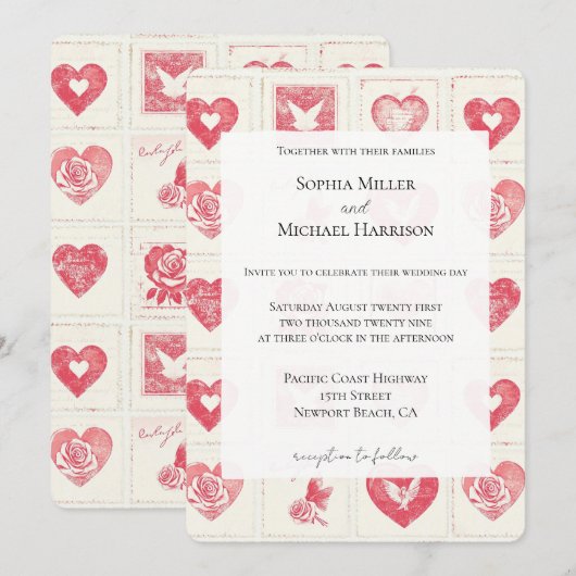 Chic Red Cream Hearts Wedding Kaart (Voorkant / Achterkant)