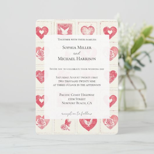 Chic Red Cream Hearts Wedding Kaart (Staand voorkant)