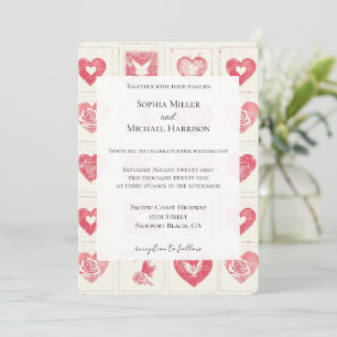 Chic Red Cream Hearts Wedding Kaart
