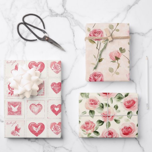 Chic Red Cream Love Hearts Wedding Inpakpapier Vel (Voorkant)