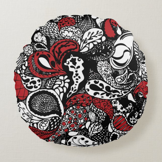 Chic Red en Black Paisley Pillow Rond Kussen (Voorkant)