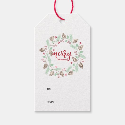 Chic Red en Green Holly en Pine Wreater Kerstmis Cadeaulabel (Voorkant)