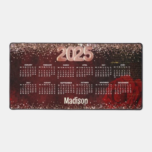 Chic red flower faux gold glitter monogram 2025 bureaumat (Voorkant)