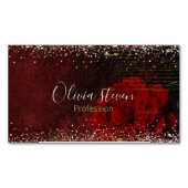 Chic red flower voor goudglitter monogram magnetisch visitekaartje (Voorkant)