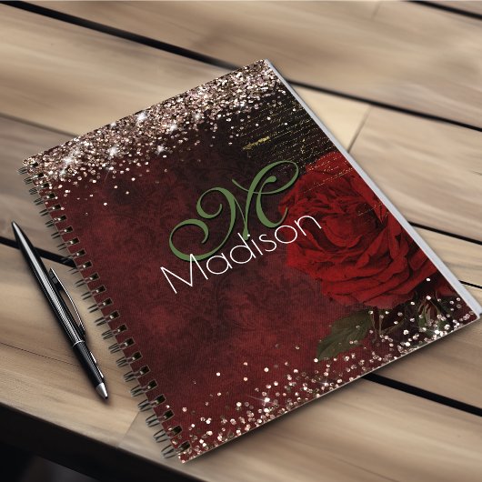 Chic red flower voor goudglitter monogram notitieboek