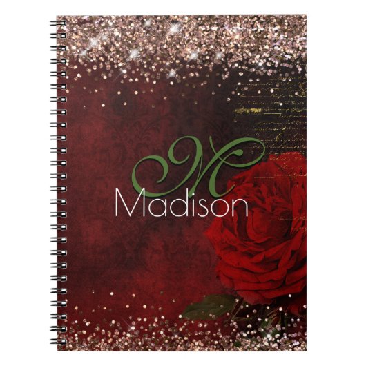 Chic red flower voor goudglitter monogram notitieboek (Voorkant)
