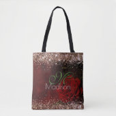 Chic red flower voor goudglitter monogram tote bag (Voorkant)