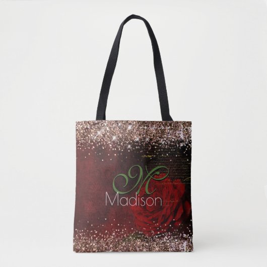 Chic red flower voor goudglitter monogram tote bag (Voorkant)