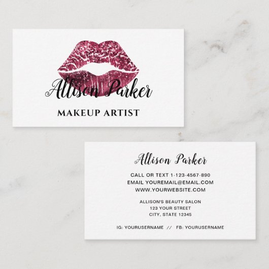 Chic Red Glitter Lips Makeup Artist Visitekaartje (Voorkant / Achterkant)
