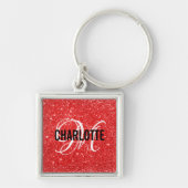 Chic red glitter monogram naam sleutelhanger (Voorkant)