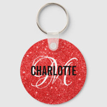Chic red glitter monogram name sleutelhanger