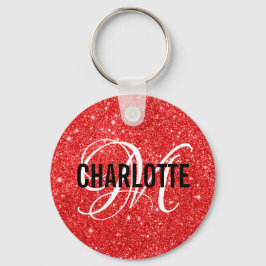 Chic red glitter monogram name sleutelhanger
