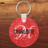 Chic red glitter monogram name sleutelhanger (Voorkant)