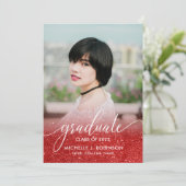 Chic Red Glitter Ombre Girly Foto Afstuderen Aankondiging (Staand voorkant)