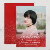 Chic Red Glitter Ombre Girly Foto Afstuderen Aankondiging (Voorkant / Achterkant)