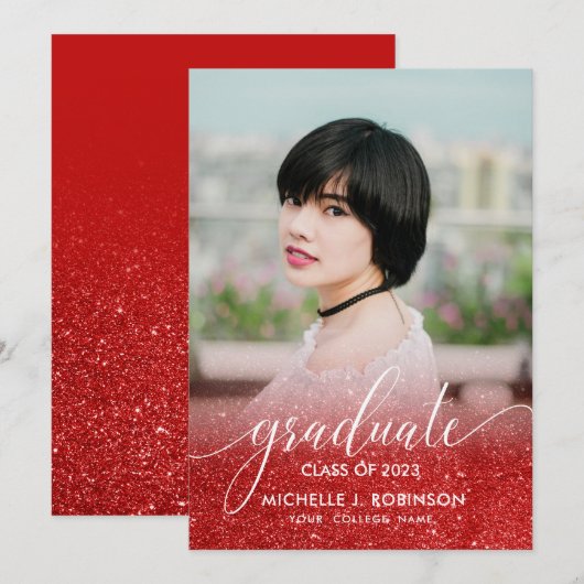 Chic Red Glitter Ombre Girly Foto Afstuderen Aankondiging (Voorkant / Achterkant)