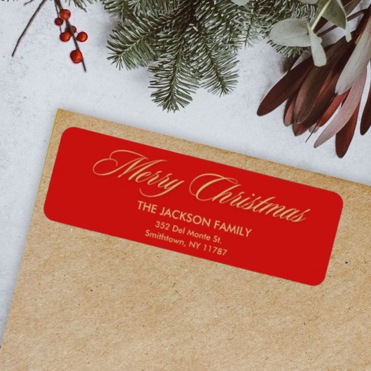 Chic Red & Gold Christmas Script Retouradres Etiket