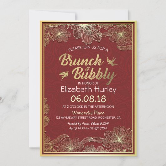 Chic Red Gold Floral Brunch en Bubble Vrijgezellen Kaart (Voorkant)