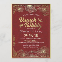 Chic Red Gold Floral Brunch en Bubble Vrijgezellen Kaart