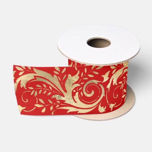 Chic Red Gold Floral Scroll Modern Pattern Satijnen Lint (Spoel)