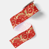 Chic Red Gold Floral Scroll Modern Pattern Satijnen Lint (Achterkant)