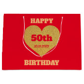 Chic Red & Gold Glitter Heart Happy 50th Birthday Groot Cadeauzakje (Voorkant)