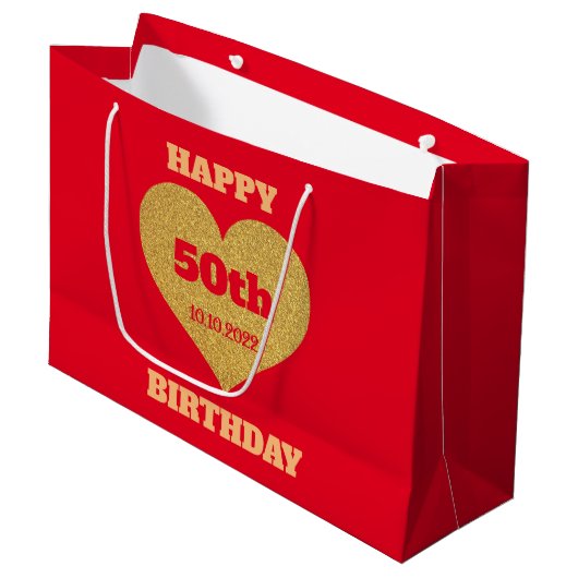 Chic Red & Gold Glitter Heart Happy 50th Birthday Groot Cadeauzakje (Voorkant Gekanteld)