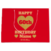 Chic Red & Gold Glitter Heart Happy 60th Birthday Groot Cadeauzakje (Voorkant)