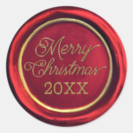Chic Red & Gold Merry-kerstwaszegels Ronde Sticker