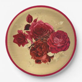 Chic Red Gold Rozen Floral Papieren Bordje