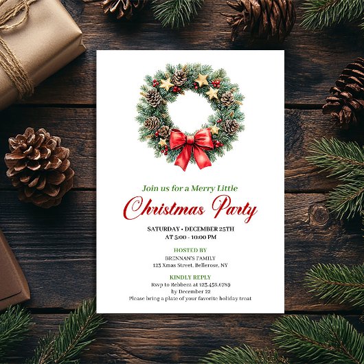 Chic Red Green Pine Wreath Christmas Party Card Kaart