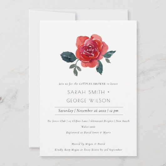 CHIC RED GREEN ROOS FLORAL COUPLES SHOWER INVITE BEDANKKAART (Voorkant)