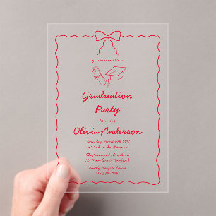 Chic Red Hand-Drawn Bow Squiggle Afstudeerfeest Acryl Uitnodigingen