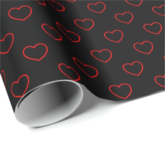 Chic Red Hearts Patroon op zwart Cadeaupapier (Rol Hoek)