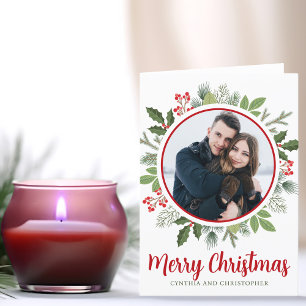 Chic Red Holly Christmas Wreath Foto gevouwen Feestdagen Kaart