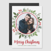 Chic Red Holly Kerstkrans Foto Magneet Kaart (Voorkant / Achterkant)