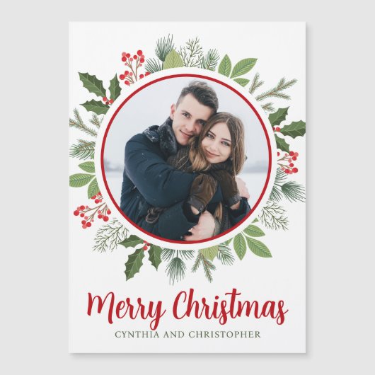 Chic Red Holly Kerstkrans Foto Magneet Kaart (Voorkant)