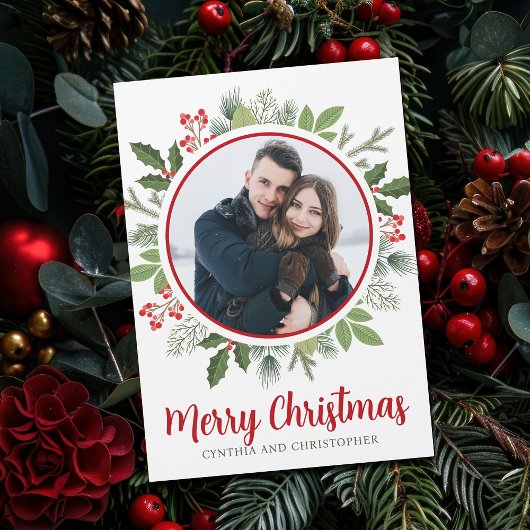 Chic Red Holly Kerstkrans Foto Magneet Kaart